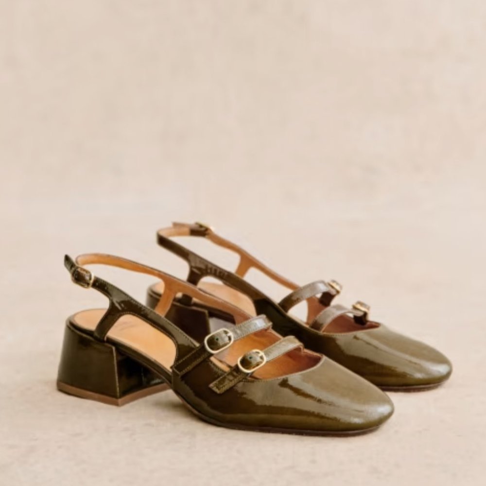 Sezane Paula Babies Patent Khaki Size 39 NEW WITH BOX